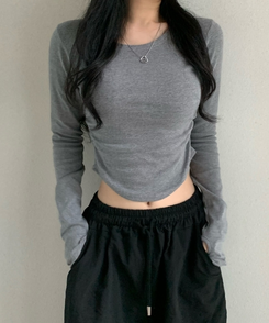 サイドシャーリングラウンド長袖Tシャツ(6color) CHARCOAL