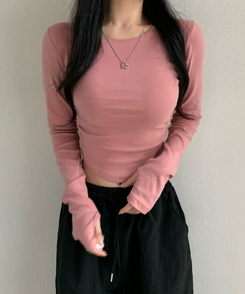 サイドシャーリングラウンド長袖Tシャツ(6color) PINK