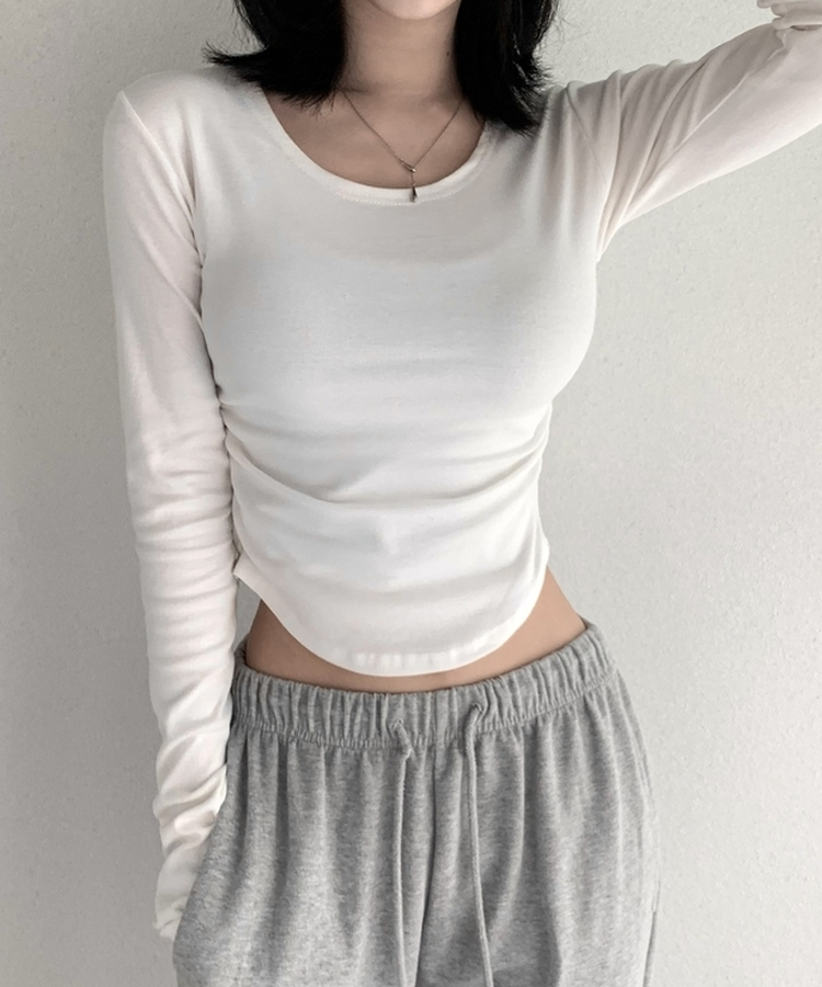 サイドシャーリングラウンド長袖Tシャツ(6color) IVORY