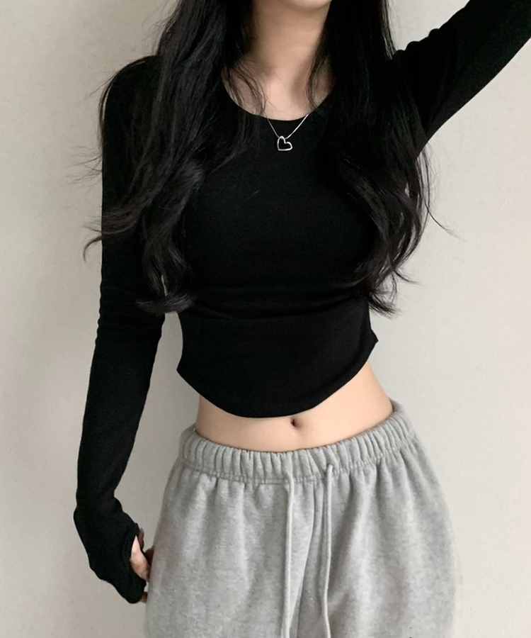 サイドシャーリングラウンド長袖Tシャツ(6color) BLACK