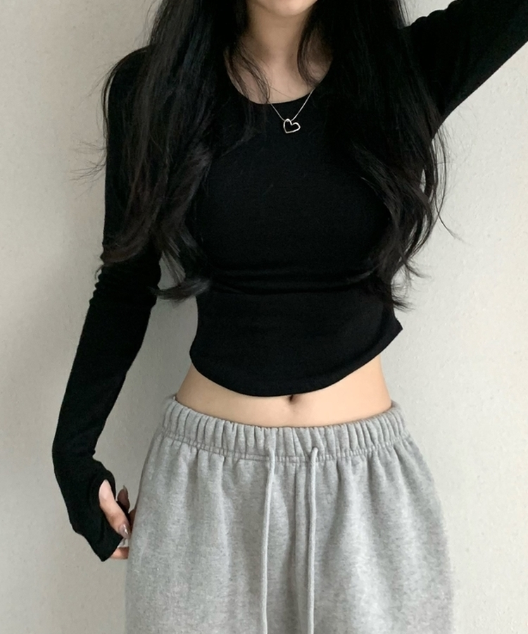 サイドシャーリングラウンド長袖Tシャツ(6color) BLACK