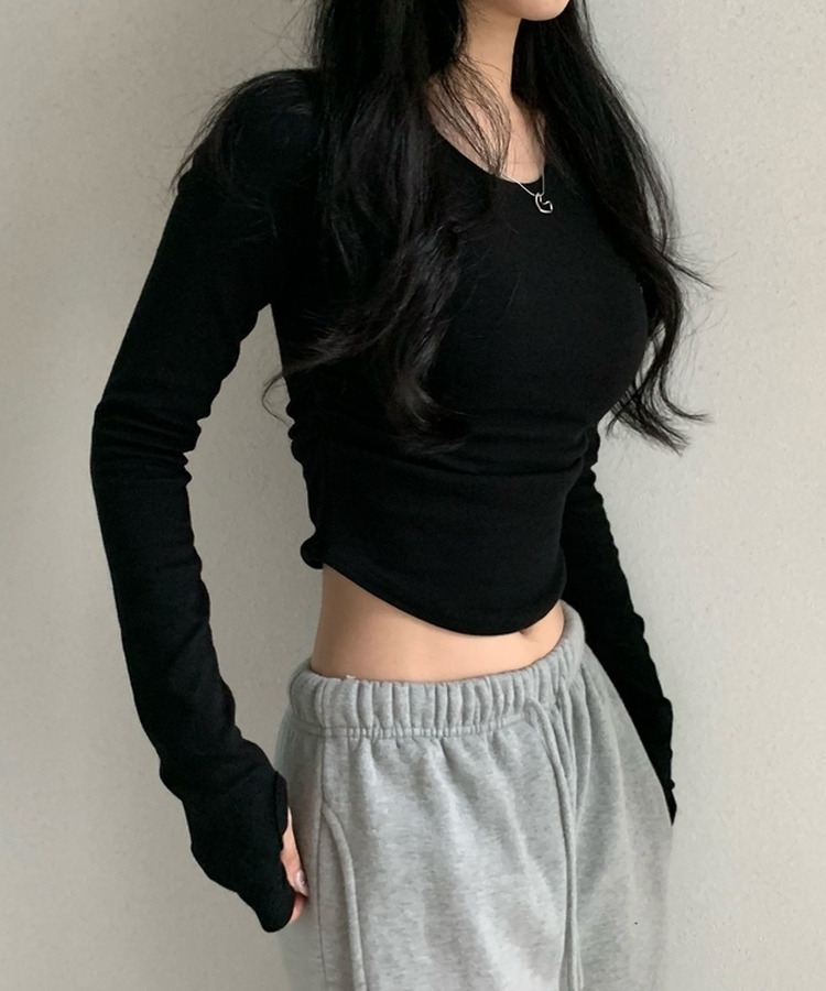 サイドシャーリングラウンド長袖Tシャツ(6color) BLACK