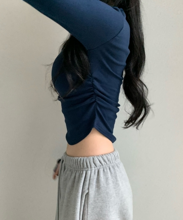 サイドシャーリングラウンド長袖Tシャツ(6color) NAVY