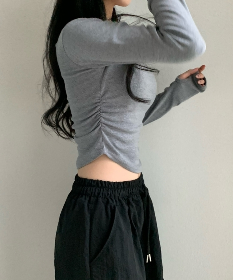 サイドシャーリングラウンド長袖Tシャツ(6color) CHARCOAL