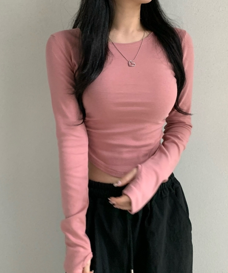 サイドシャーリングラウンド長袖Tシャツ(6color) PINK