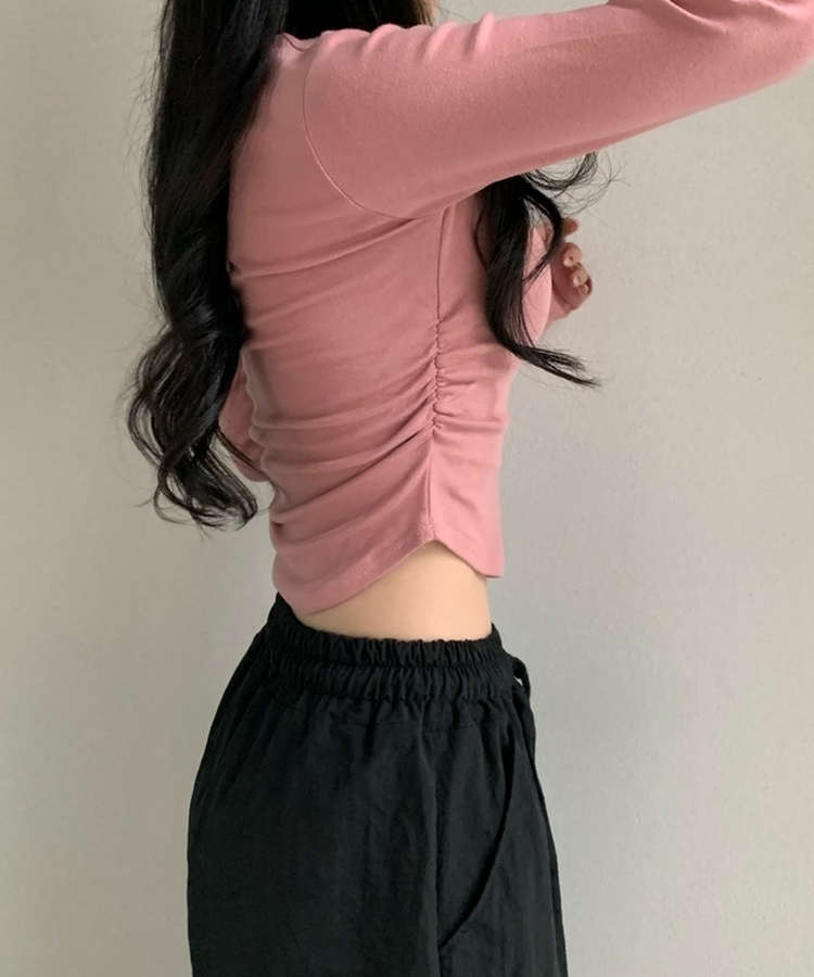 サイドシャーリングラウンド長袖Tシャツ(6color) PINK