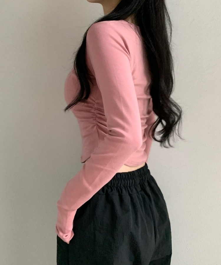 サイドシャーリングラウンド長袖Tシャツ(6color) PINK