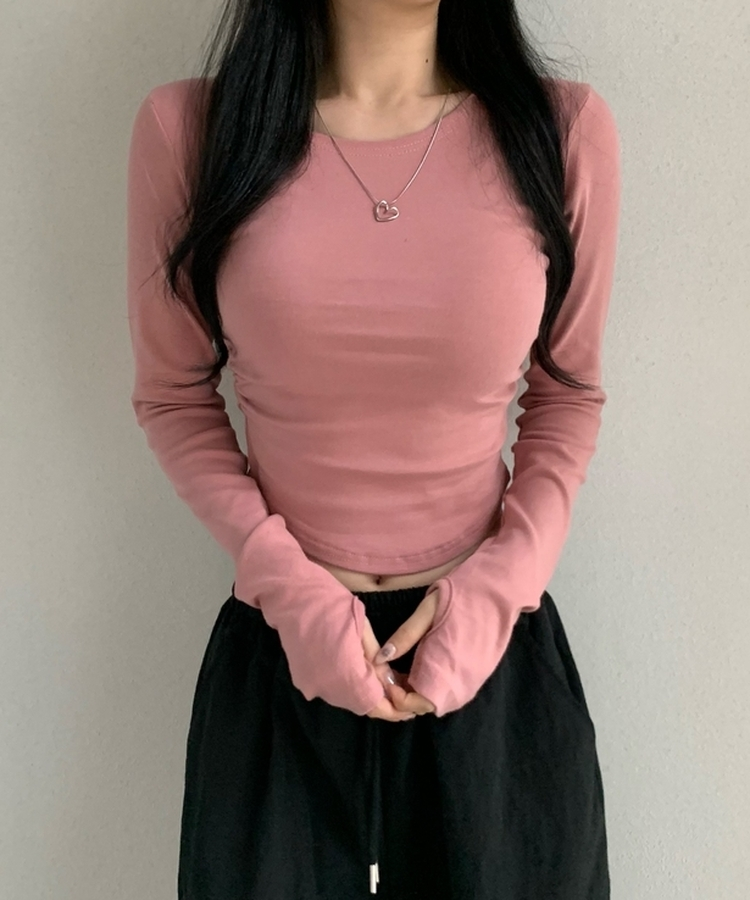 サイドシャーリングラウンド長袖Tシャツ(6color) PINK