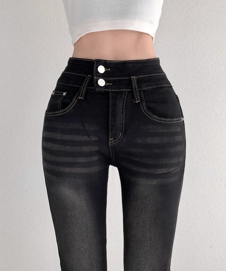 ツーボタンスキニーデニムパンツ BLACK