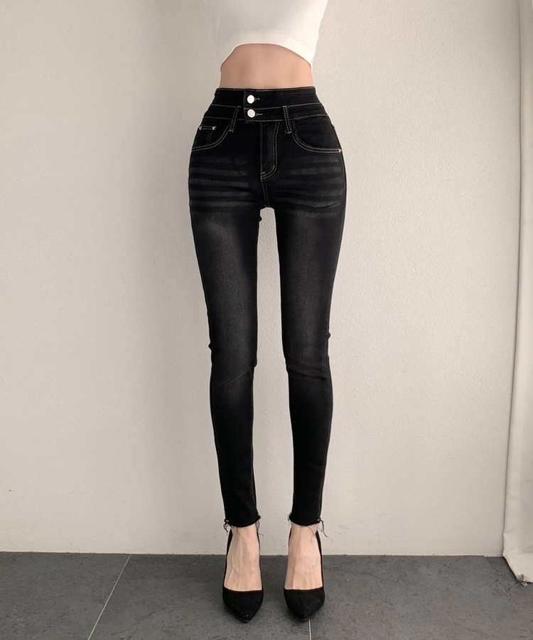 ツーボタンスキニーデニムパンツ BLACK