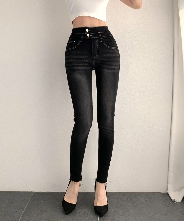 ツーボタンスキニーデニムパンツ BLACK