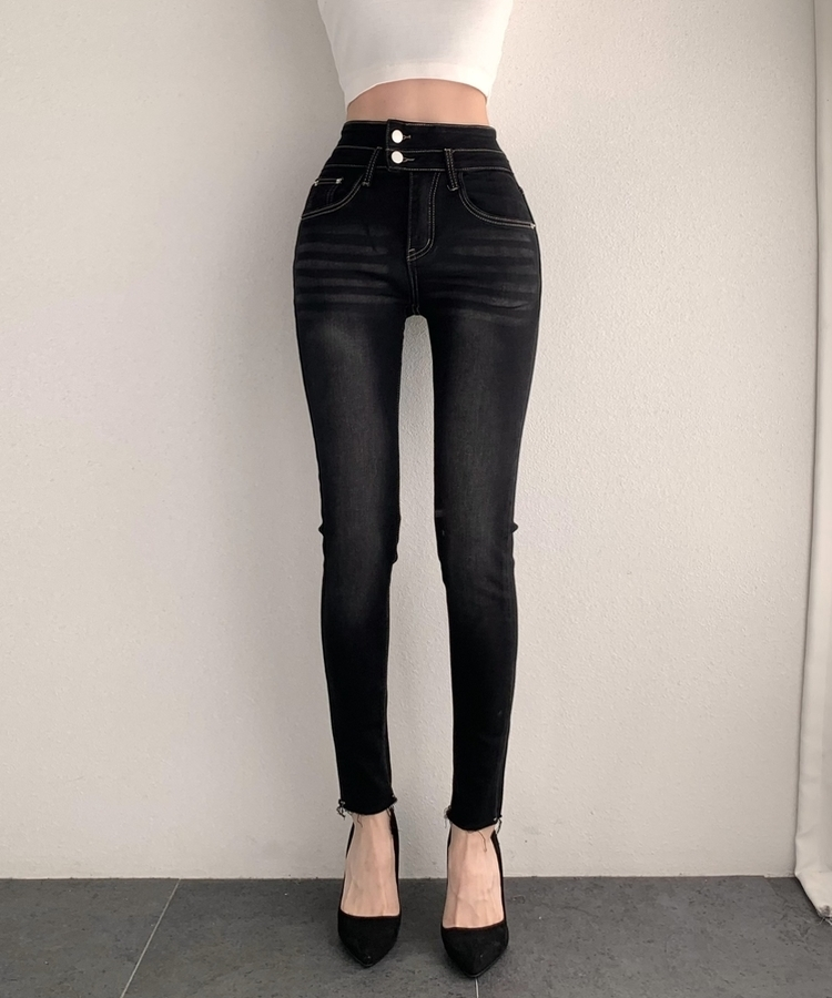 ツーボタンスキニーデニムパンツ BLACK
