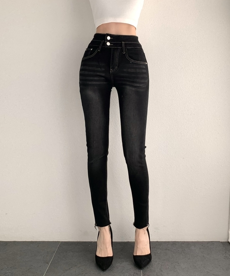 ツーボタンスキニーデニムパンツ BLACK