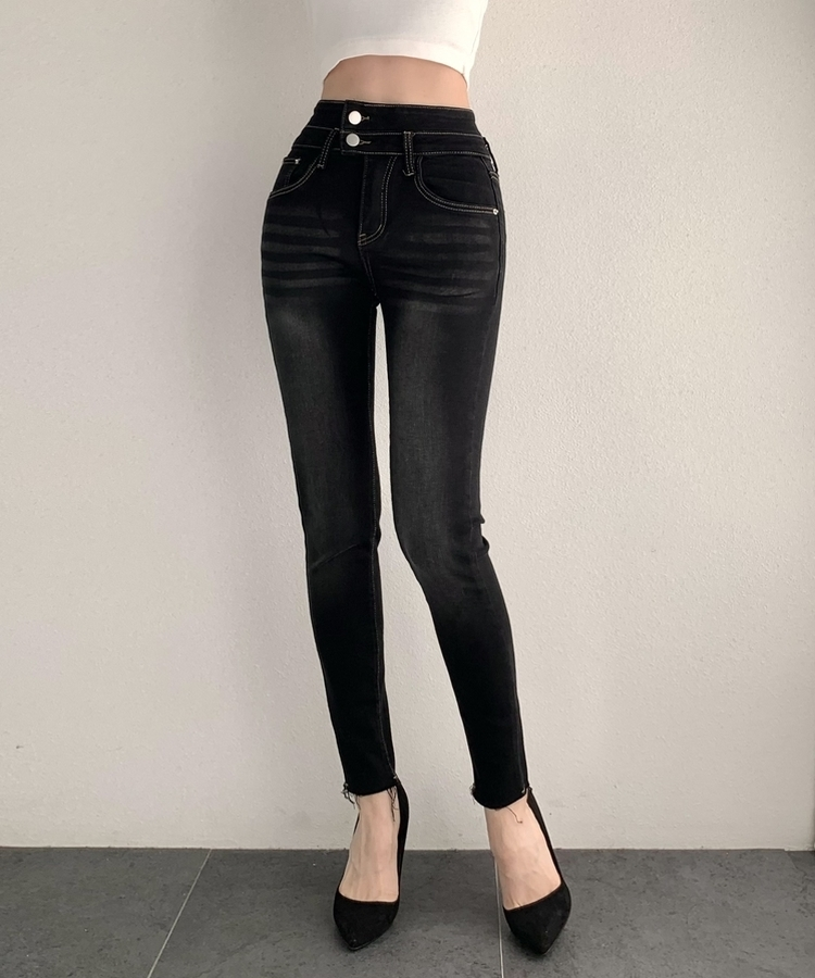 ツーボタンスキニーデニムパンツ BLACK
