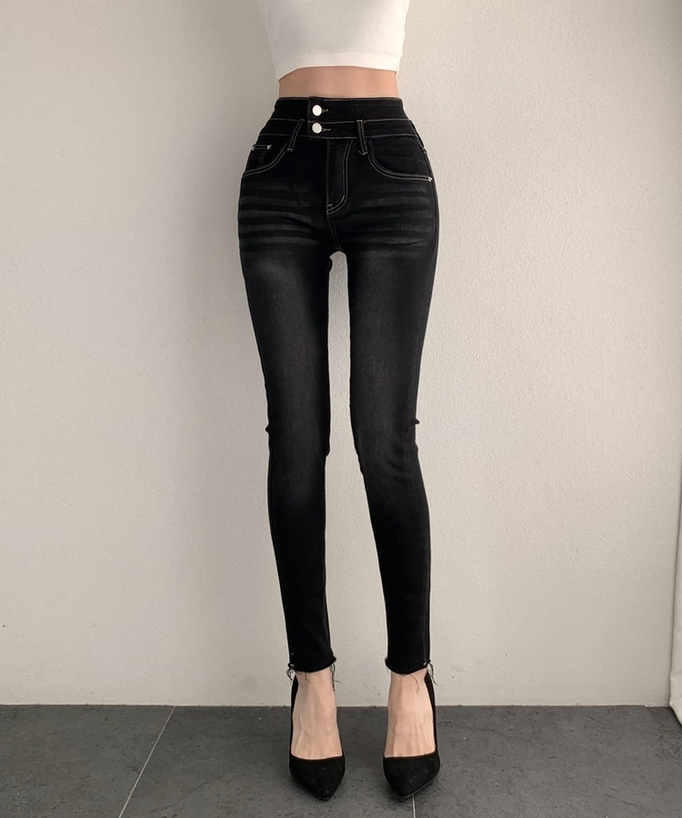 ツーボタンスキニーデニムパンツ BLACK