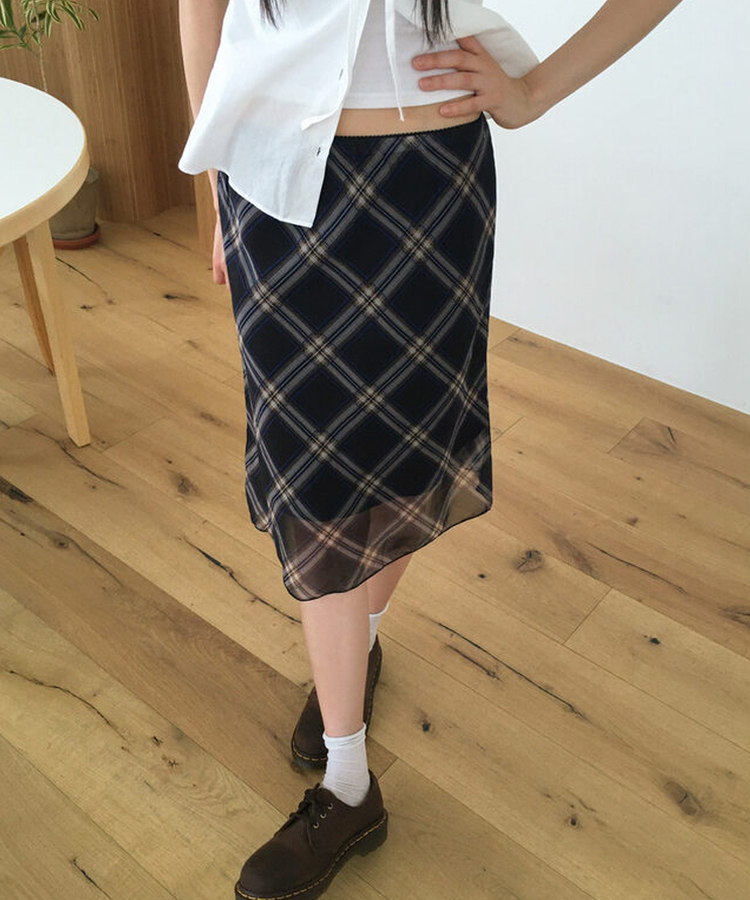 チェックシフォンレースリボンミディスカート CHECK