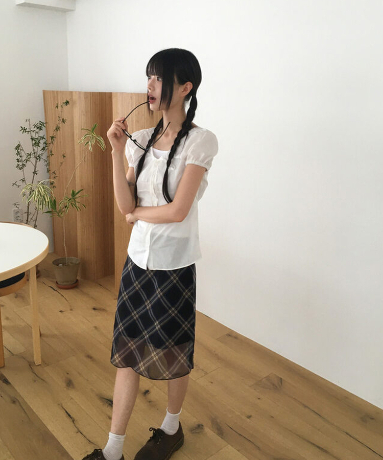 チェックシフォンレースリボンミディスカート CHECK