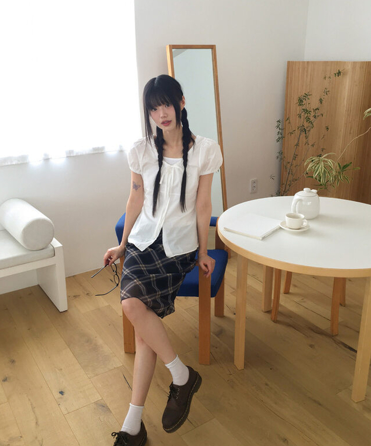 チェックシフォンレースリボンミディスカート CHECK