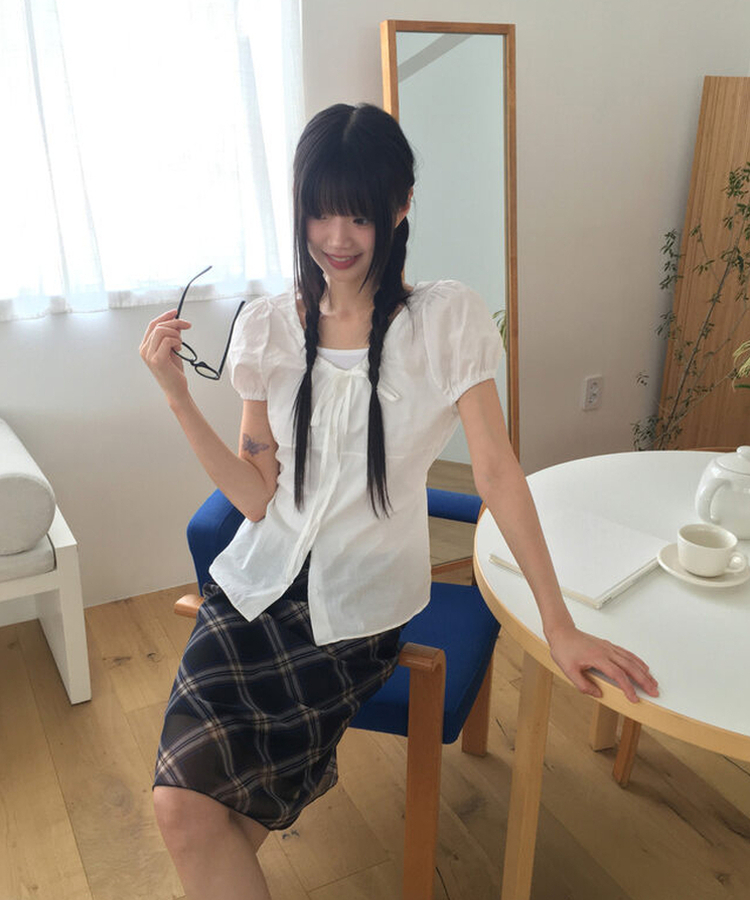 チェックシフォンレースリボンミディスカート CHECK