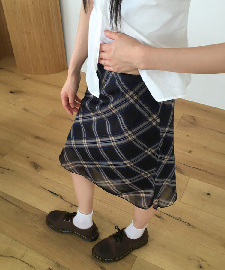 チェックシフォンレースリボンミディスカート CHECK