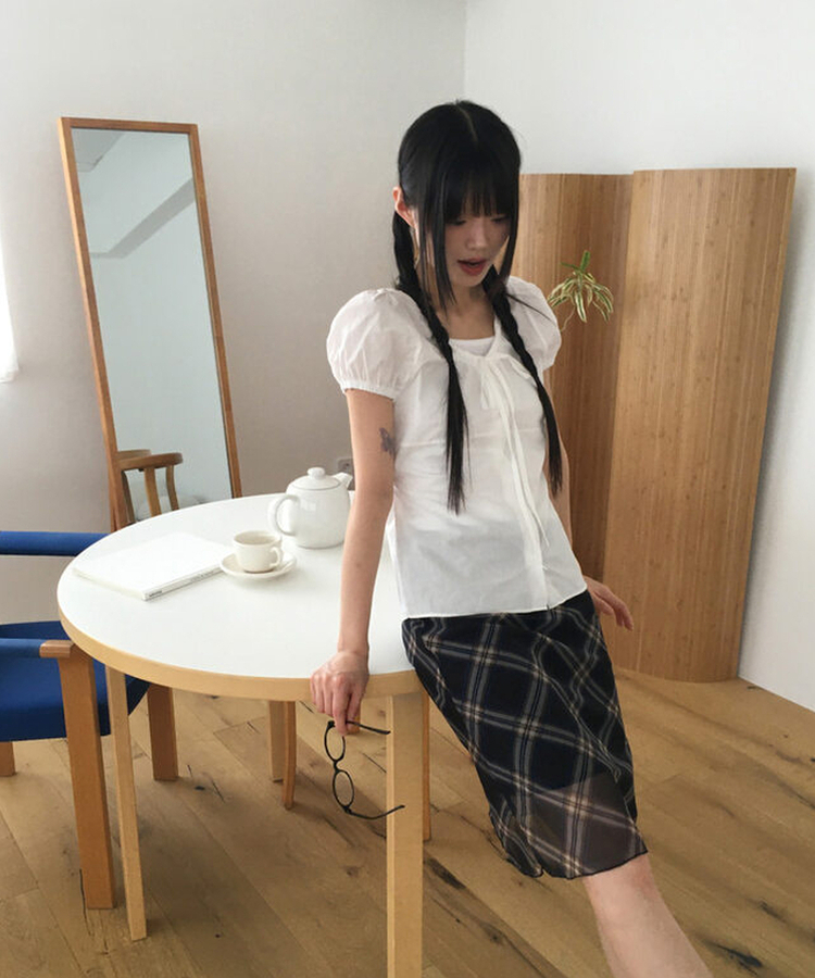 チェックシフォンレースリボンミディスカート CHECK