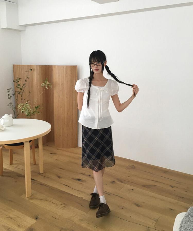 チェックシフォンレースリボンミディスカート CHECK
