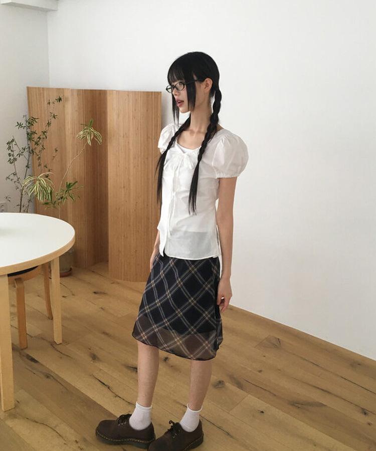 チェックシフォンレースリボンミディスカート CHECK