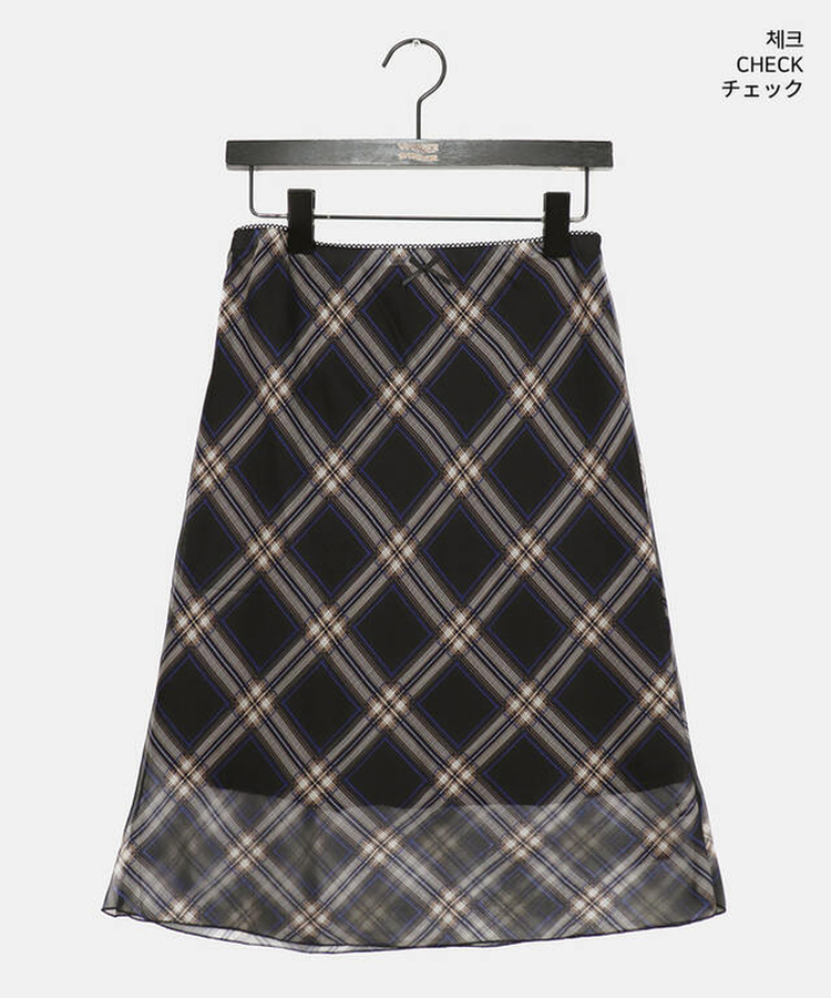 チェックシフォンレースリボンミディスカート