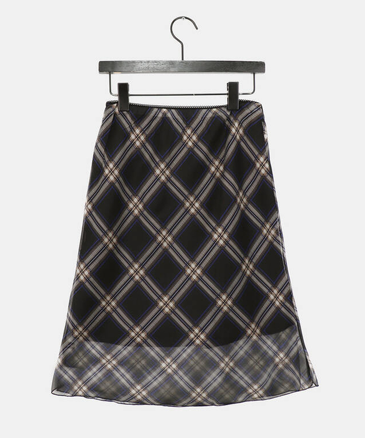 チェックシフォンレースリボンミディスカート