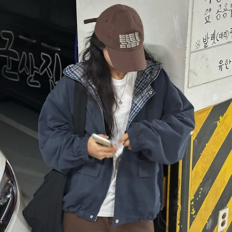 캠브리지 체크 배색 스트링 후드야상 집업점퍼 네이비