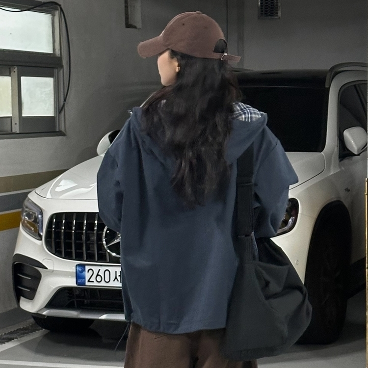 캠브리지 체크 배색 스트링 후드야상 집업점퍼 네이비