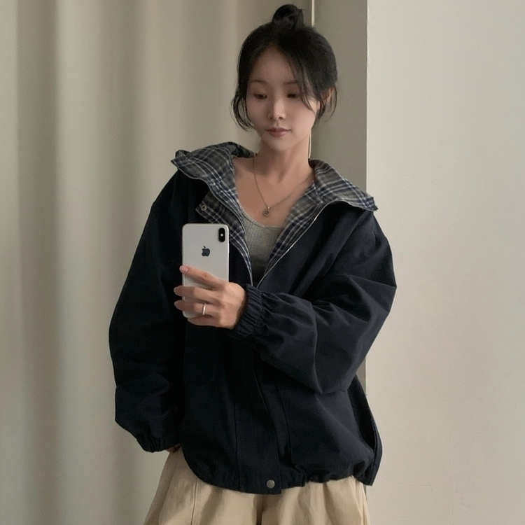 캠브리지 체크 배색 스트링 후드야상 집업점퍼 네이비