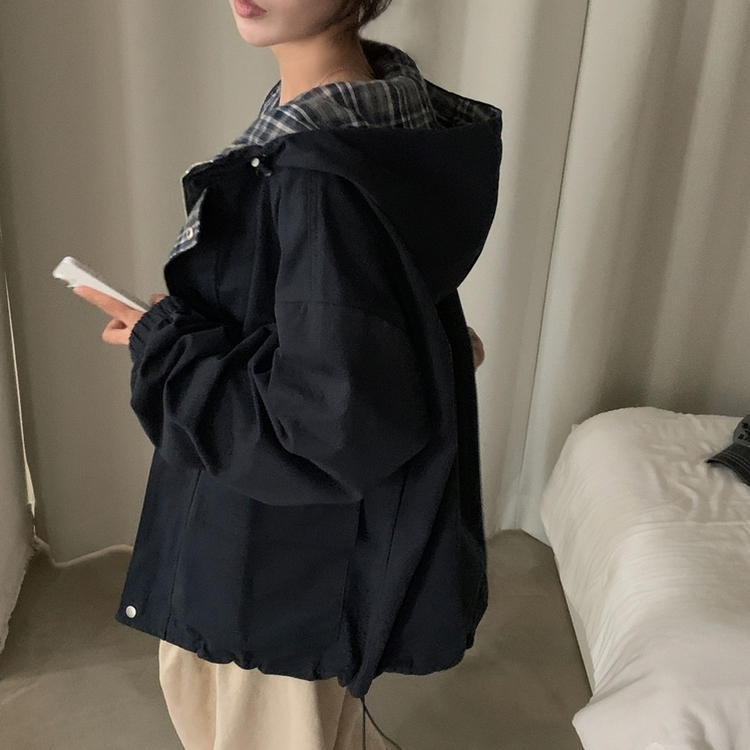 캠브리지 체크 배색 스트링 후드야상 집업점퍼 네이비