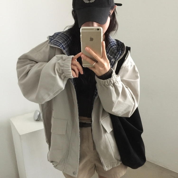 캠브리지 체크 배색 스트링 후드야상 집업점퍼 스톤