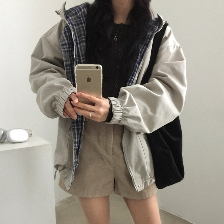 캠브리지 체크 배색 스트링 후드야상 집업점퍼 스톤