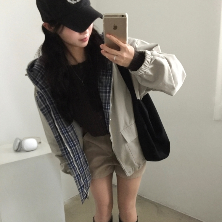 캠브리지 체크 배색 스트링 후드야상 집업점퍼 스톤