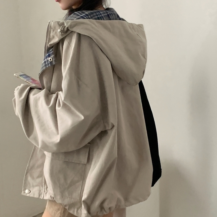 캠브리지 체크 배색 스트링 후드야상 집업점퍼 스톤