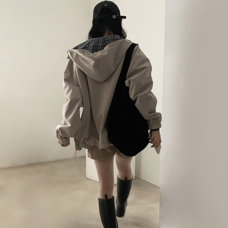 캠브리지 체크 배색 스트링 후드야상 집업점퍼 스톤