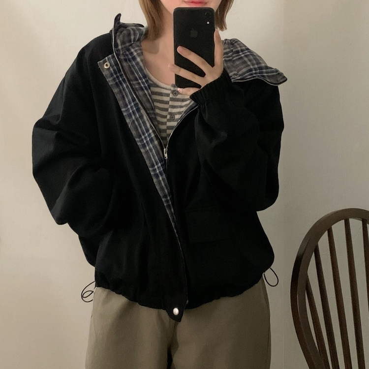 캠브리지 체크 배색 스트링 후드야상 집업점퍼 블랙