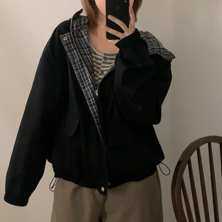 캠브리지 체크 배색 스트링 후드야상 집업점퍼 블랙