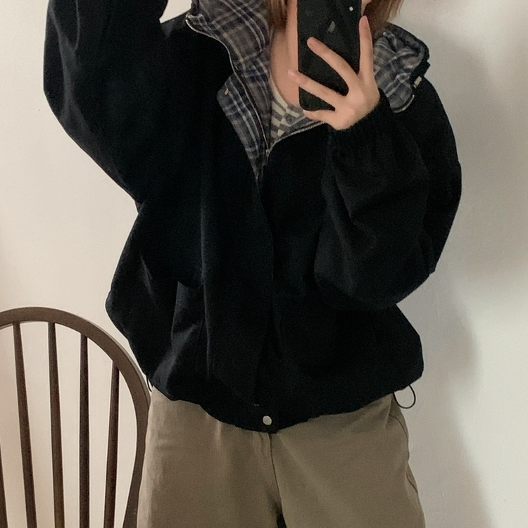 캠브리지 체크 배색 스트링 후드야상 집업점퍼 블랙