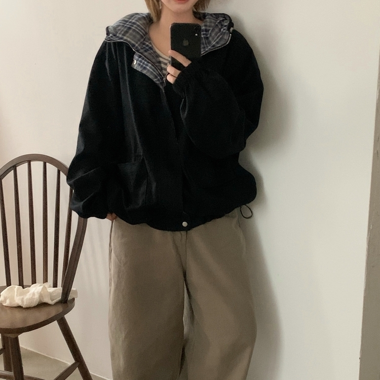 캠브리지 체크 배색 스트링 후드야상 집업점퍼 블랙