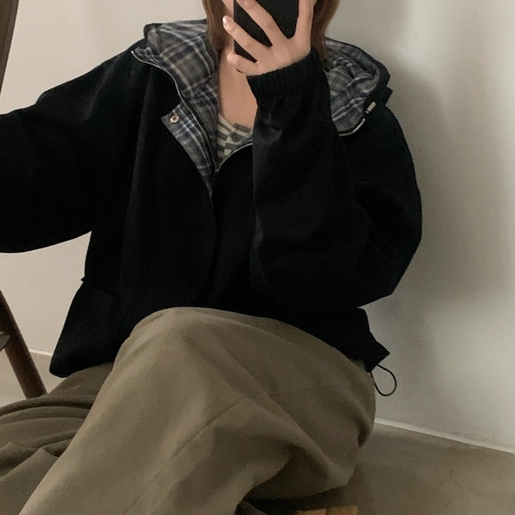 캠브리지 체크 배색 스트링 후드야상 집업점퍼 블랙