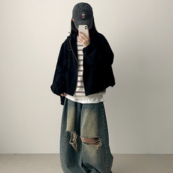 ピグメントウォッシングフードジップアップ(6color) BLACK