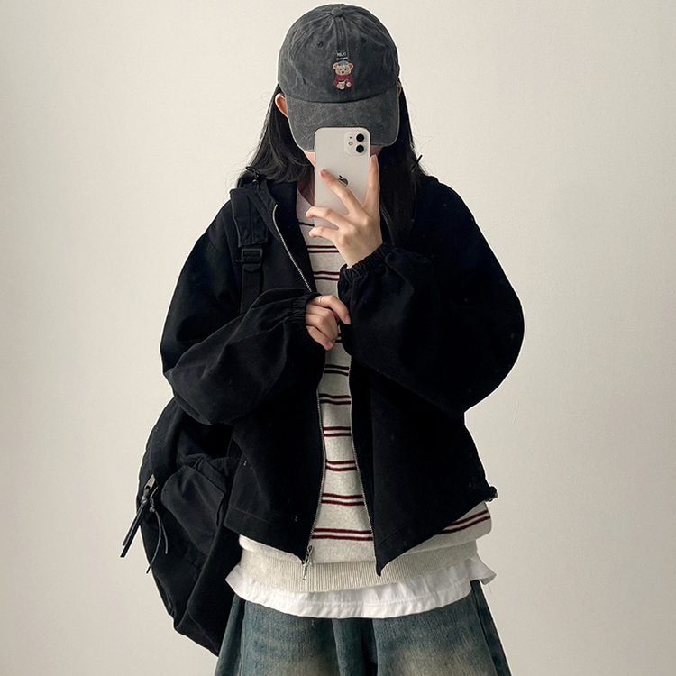 ピグメントウォッシングフードジップアップ(6color) BLACK