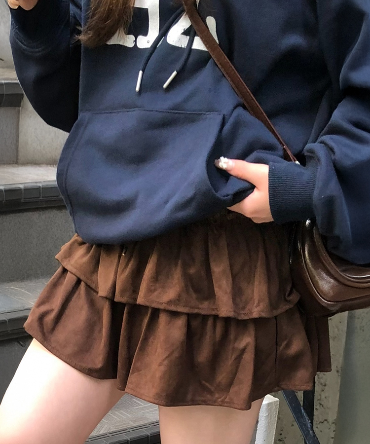 스웨이드 캉캉 프릴 미니 스커트 브라운