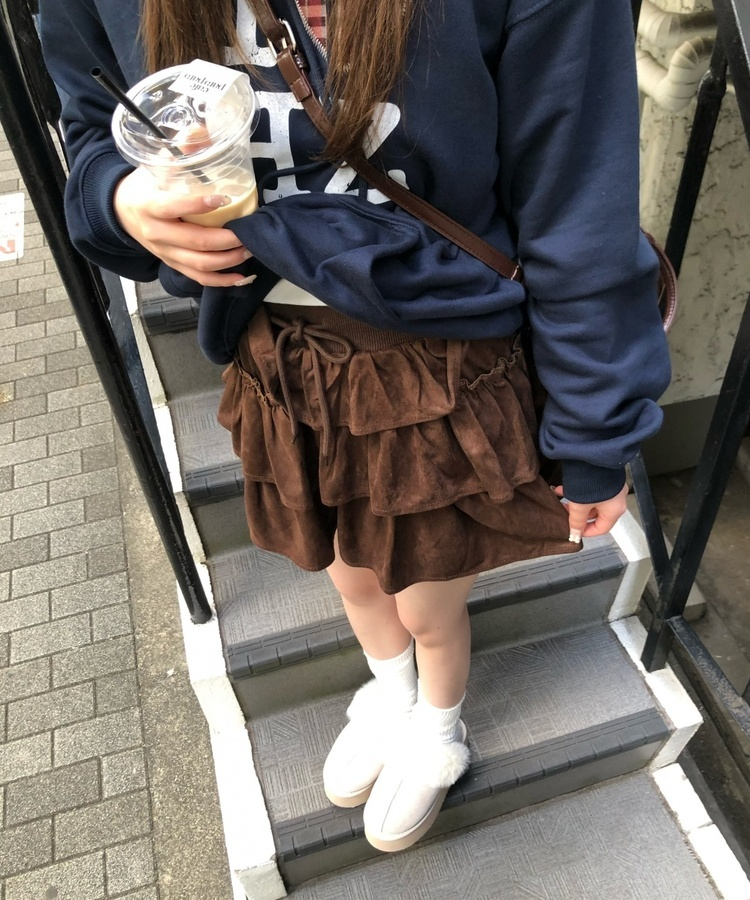 스웨이드 캉캉 프릴 미니 스커트 브라운