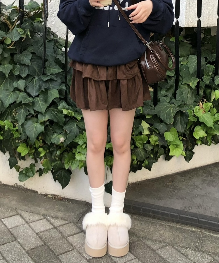 스웨이드 캉캉 프릴 미니 스커트 브라운