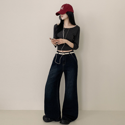 【丈別】ウォッシングセミブーツカットスパンデニムパンツ GRAYISH BLUE