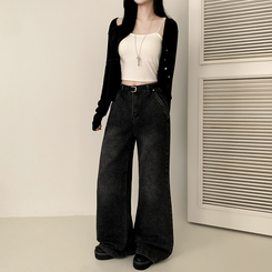 【丈別】ウォッシングセミブーツカットスパンデニムパンツ BLACK